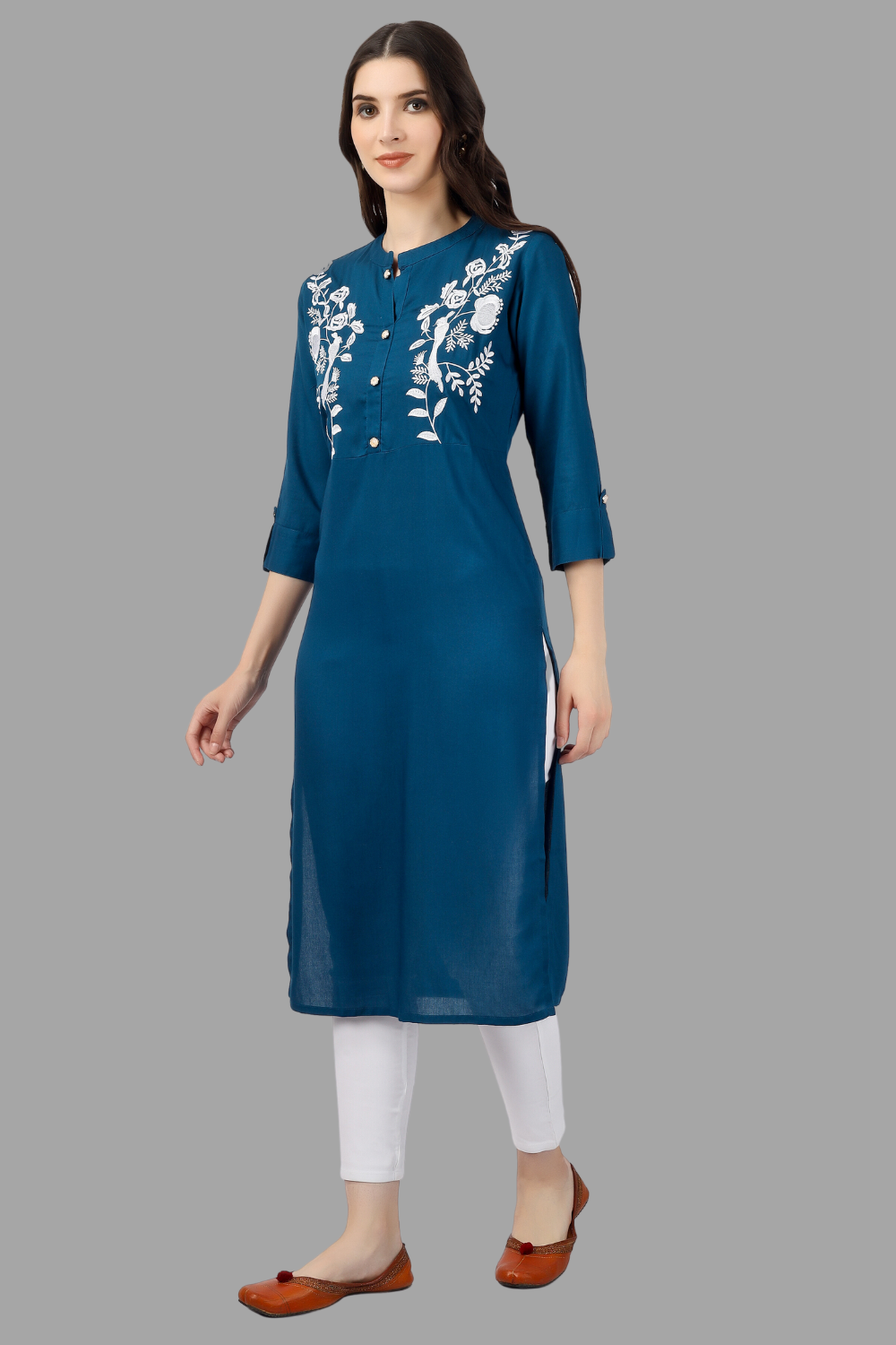 House of RP Women's Light Blue Rayon Chicken Embroidered Straight Kurta