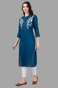 House of RP Women's Light Blue Rayon Chicken Embroidered Straight Kurta