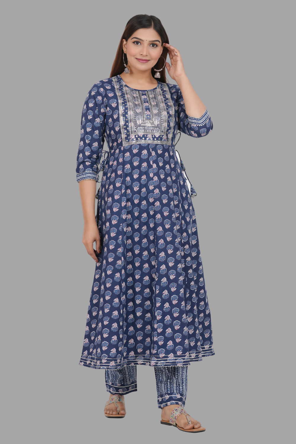 House of RP Women's Blue Cotton Floral Yoke Embroidered Anarkali Kurta & Pant Set