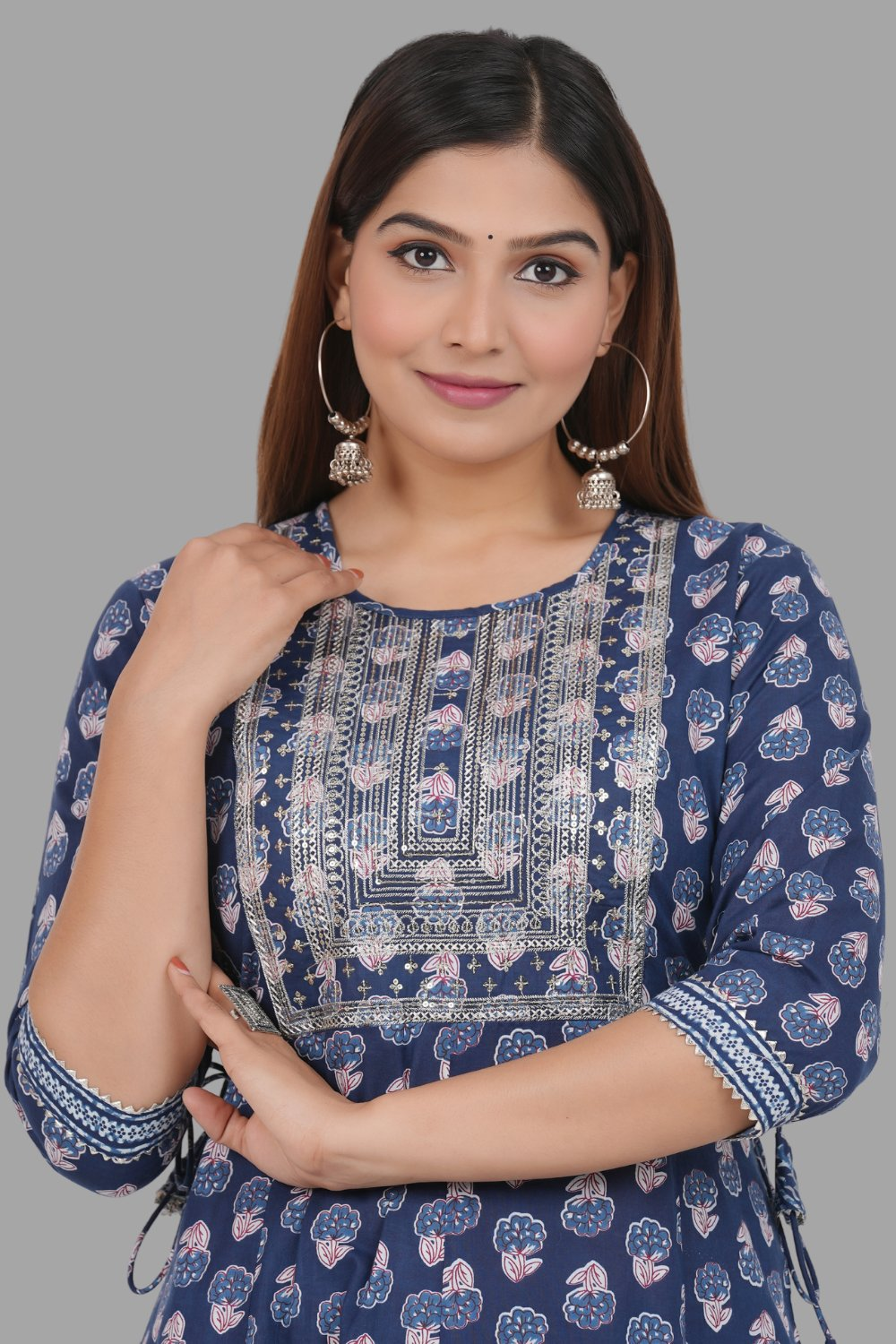 House of RP Women's Blue Cotton Floral Yoke Embroidered Anarkali Kurta & Pant Set
