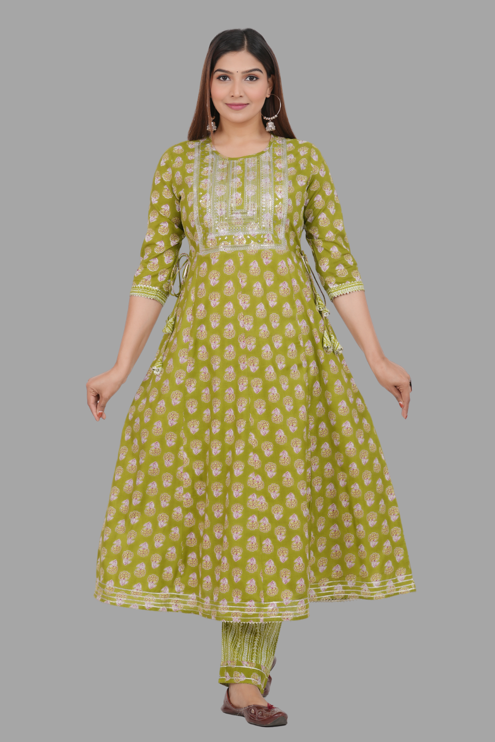 House of RP Women's Green Cotton Floral Yoke Embroidered Anarkali Kurta & Pant Set