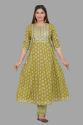 House of RP Women's Green Cotton Floral Yoke Embroidered Anarkali Kurta & Pant Set