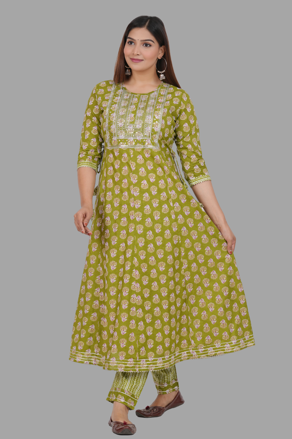 House of RP Women's Green Cotton Floral Yoke Embroidered Anarkali Kurta & Pant Set