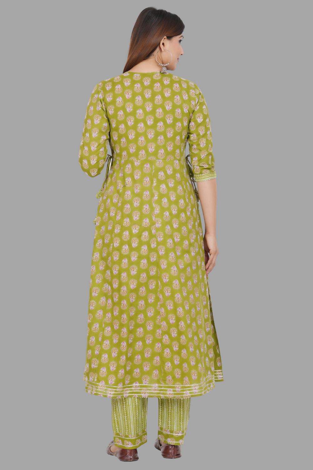 House of RP Women's Green Cotton Floral Yoke Embroidered Anarkali Kurta & Pant Set