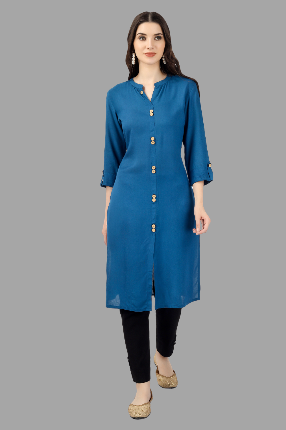 House of RP Women's Light Blue Rayon Solid Frontslit Straight Kurta