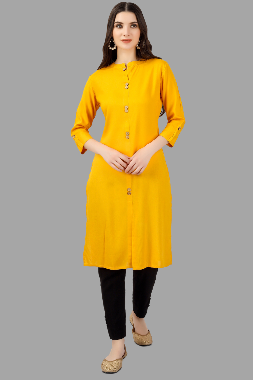 House of RP Women's Yellow Rayon Solid Frontslit Straight Kurta