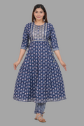 House of RP Women's Blue Cotton Floral Yoke Embroidered Anarkali Kurta & Pant Set