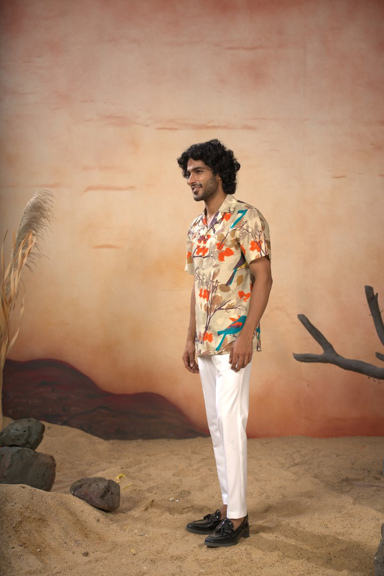 Serenity Bird Themed Print Cotton Shirt by Hilo Design