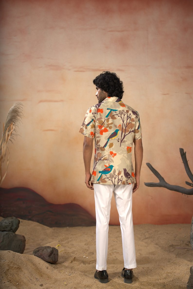 Serenity Bird Themed Print Cotton Shirt by Hilo Design