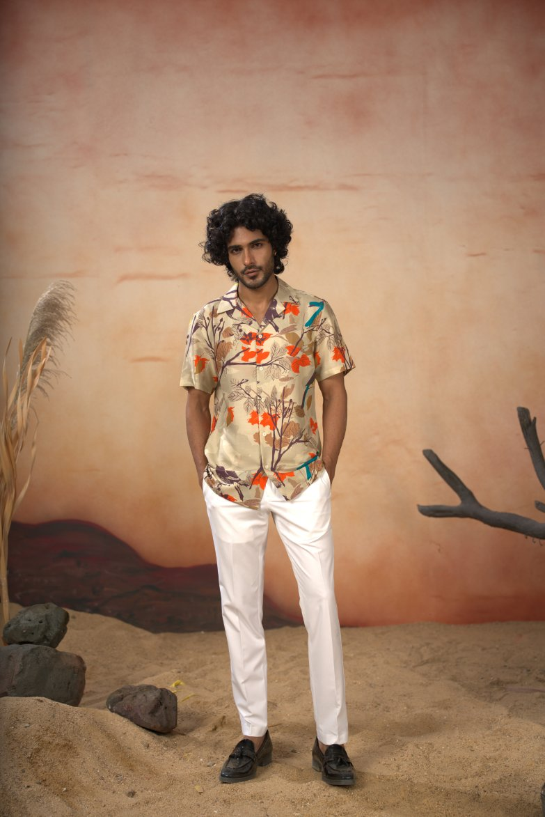 Serenity Bird Themed Print Cotton Shirt by Hilo Design