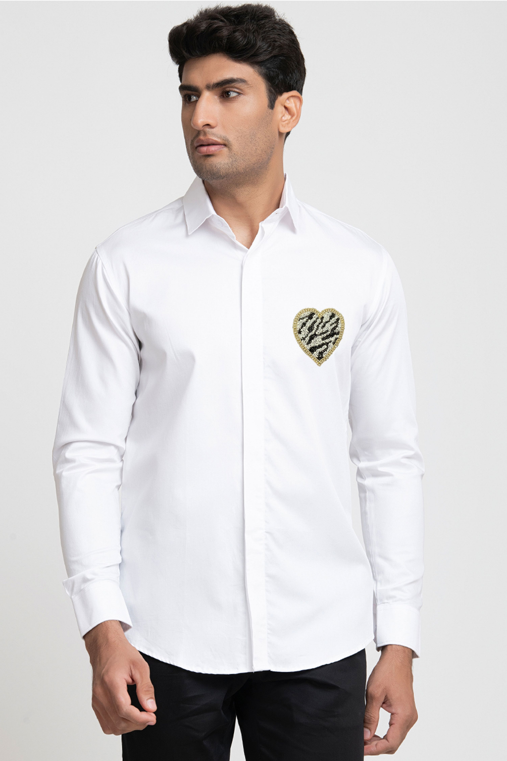 White And Black Heart Shaped Patch Shirt by Hilo Design