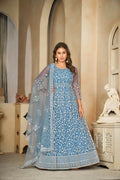 Jyoti Fashion Women's Sky Blue Net Embroidered Anarkali Kurta Pant Set With Dupatta