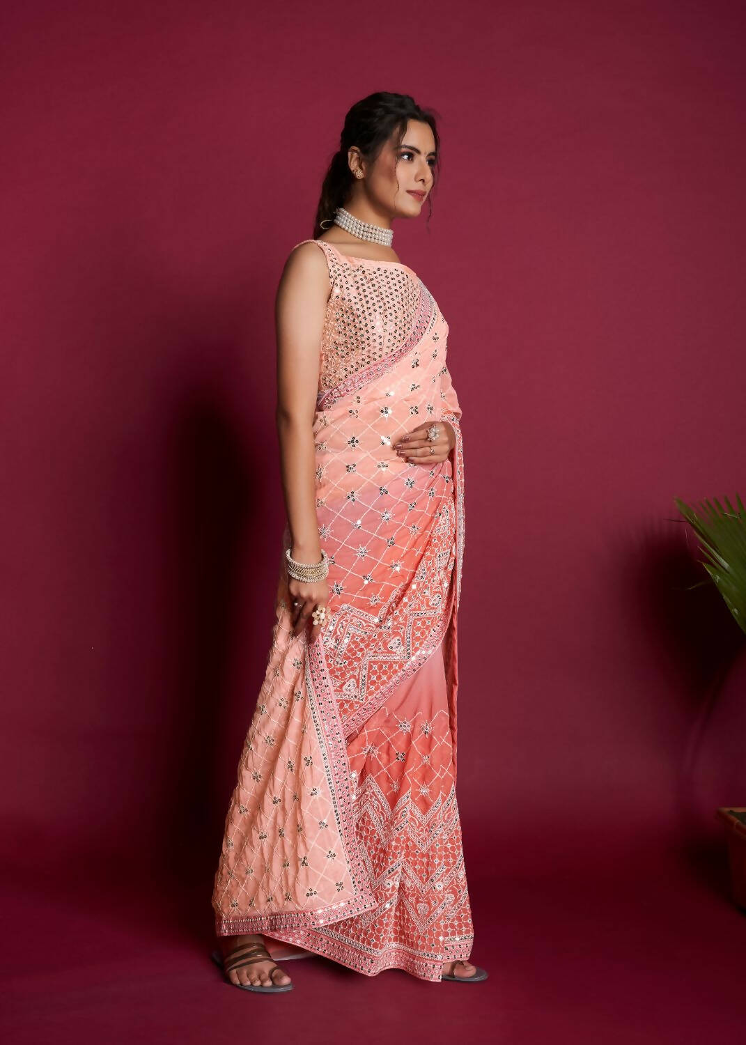 Vamsee Peach & White Georgette Designer Saree