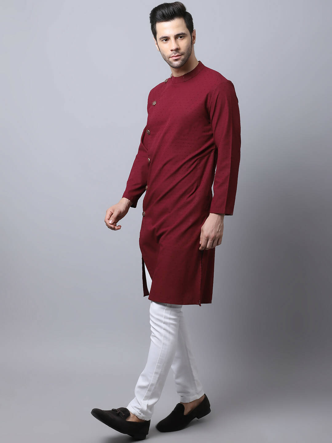 Even Apparels Maroon Pure Cotton Sherwani Men's Kurta With Asymetrical Cut