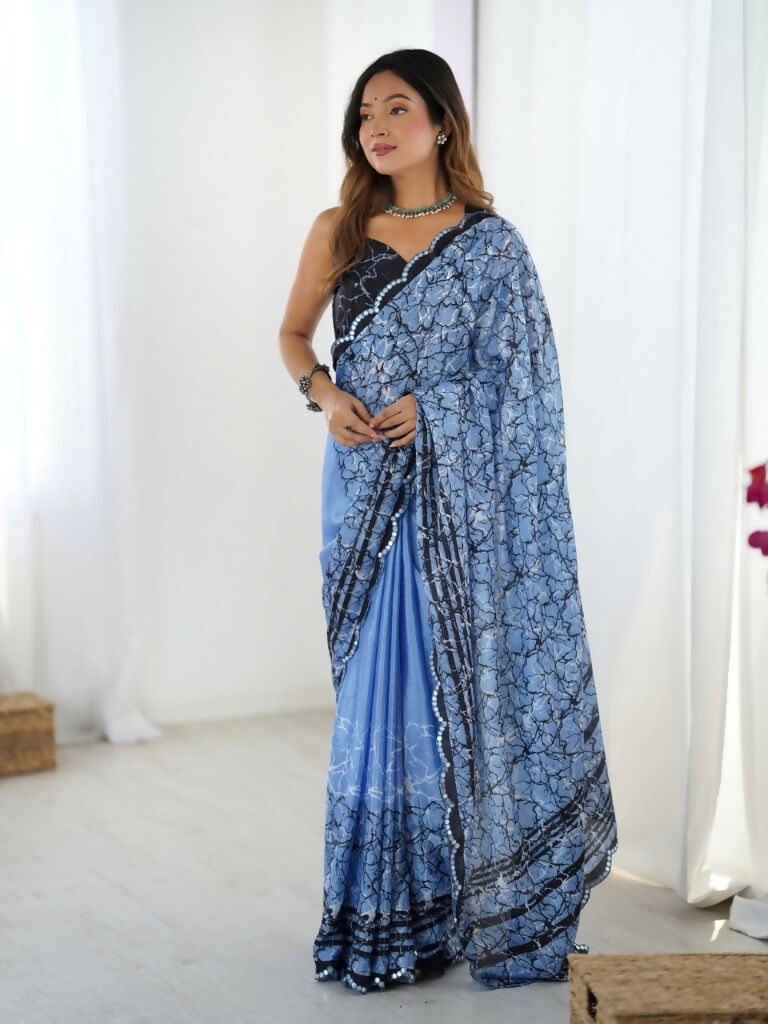 Blue Chinon Designer Digital Printed,Mirror Cut Work Saree - Sohni
