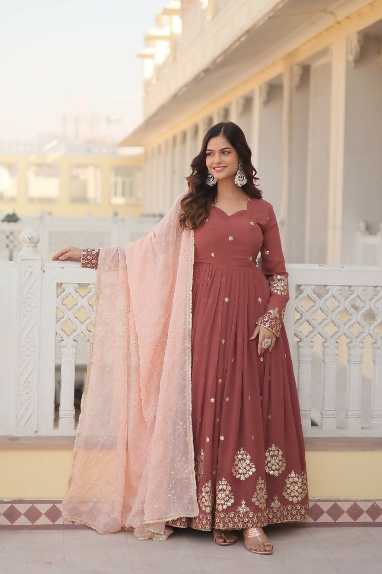 Jyoti Fashion Women's Brown Faux Georgette Sequins Thread Embroidery Anarkali Dress with Dupatta