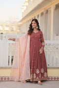 Jyoti Fashion Women's Brown Faux Georgette Sequins Thread Embroidery Anarkali Dress with Dupatta