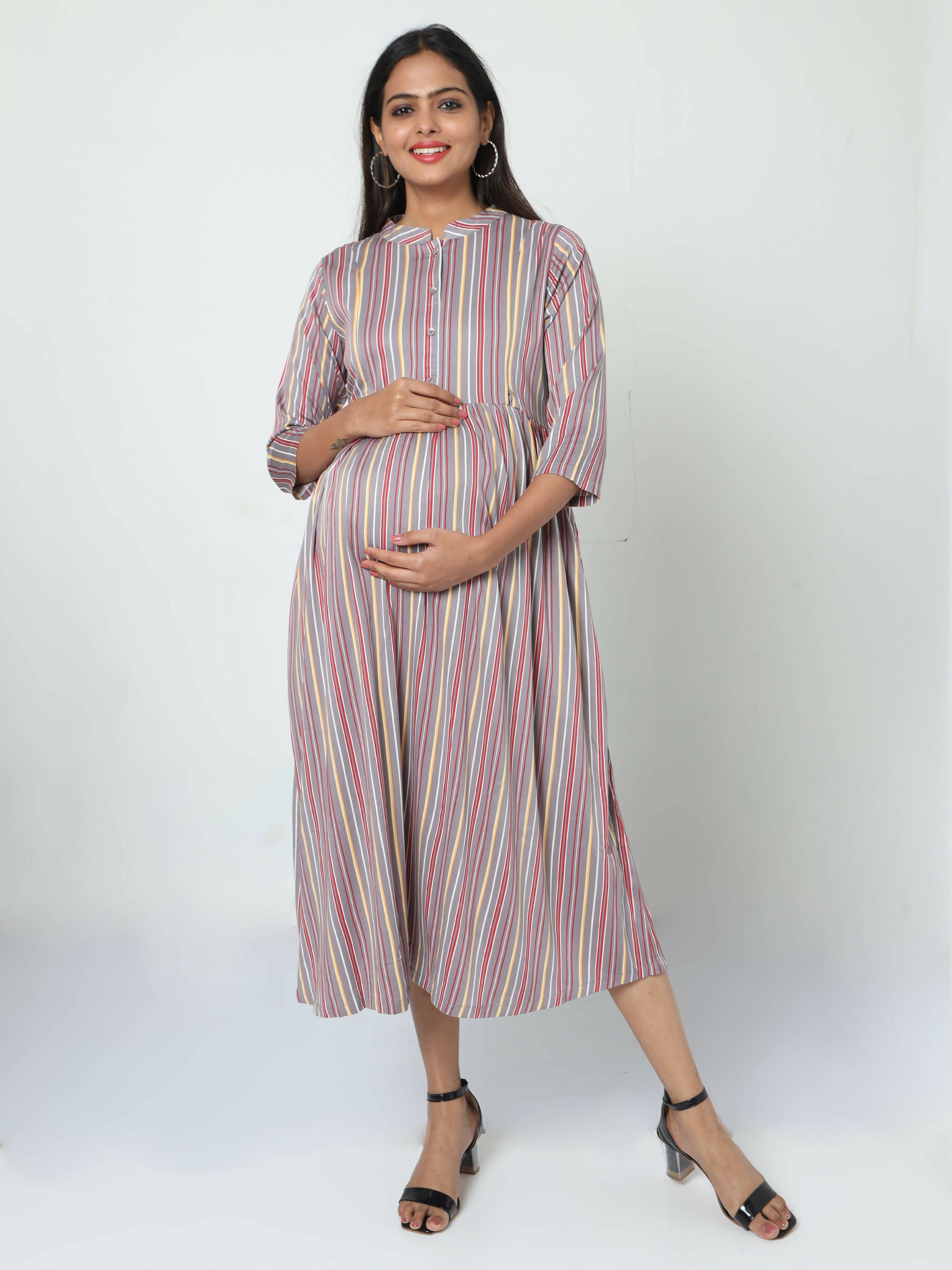 Manet Three Fourth Maternity Dress Striped With Concealed Zipper Nursing Access - Grey