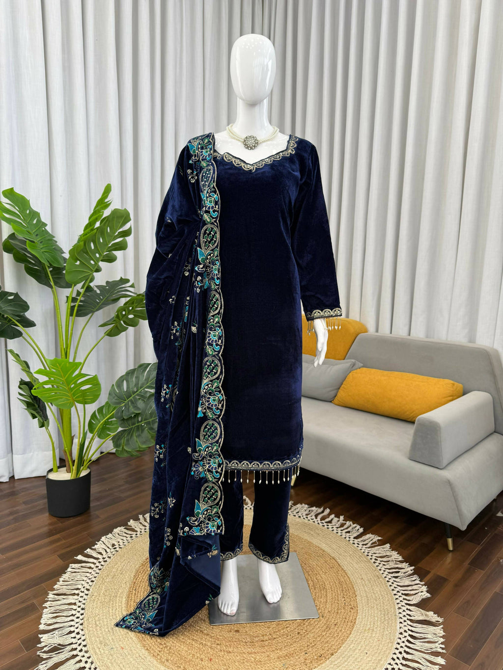Teeya Creation Blue Color Velvet Designer Embroidery Work party Wear Suit