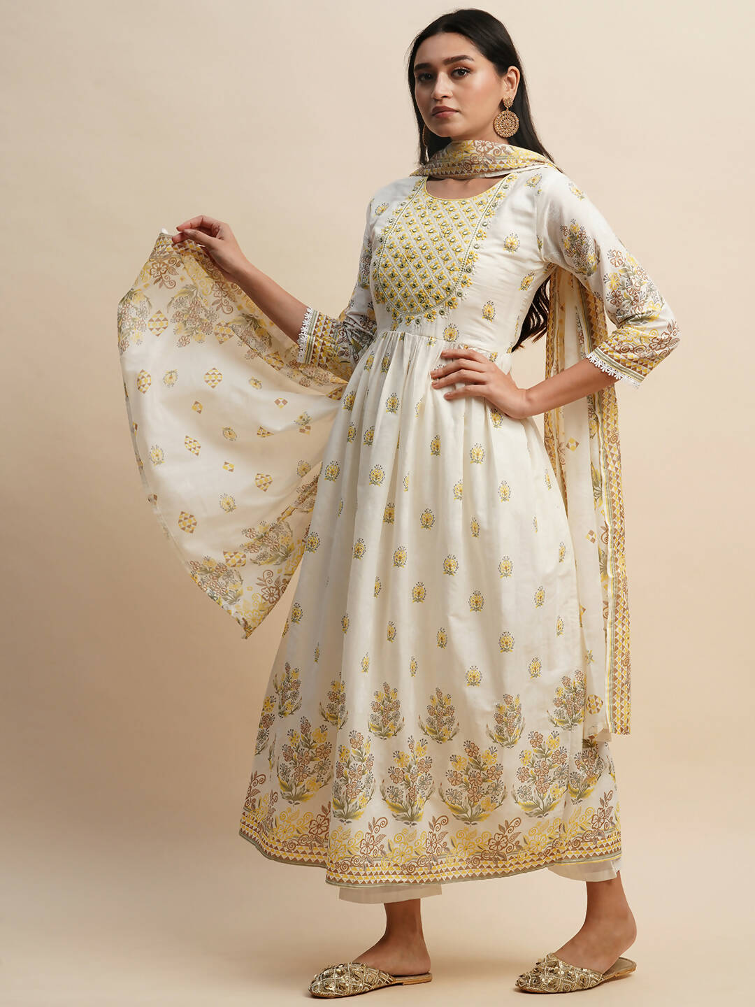 White And Yellow Pure Cotton Floral Printed Anarkali Kurta And Bottom With Dupatta - Akashara