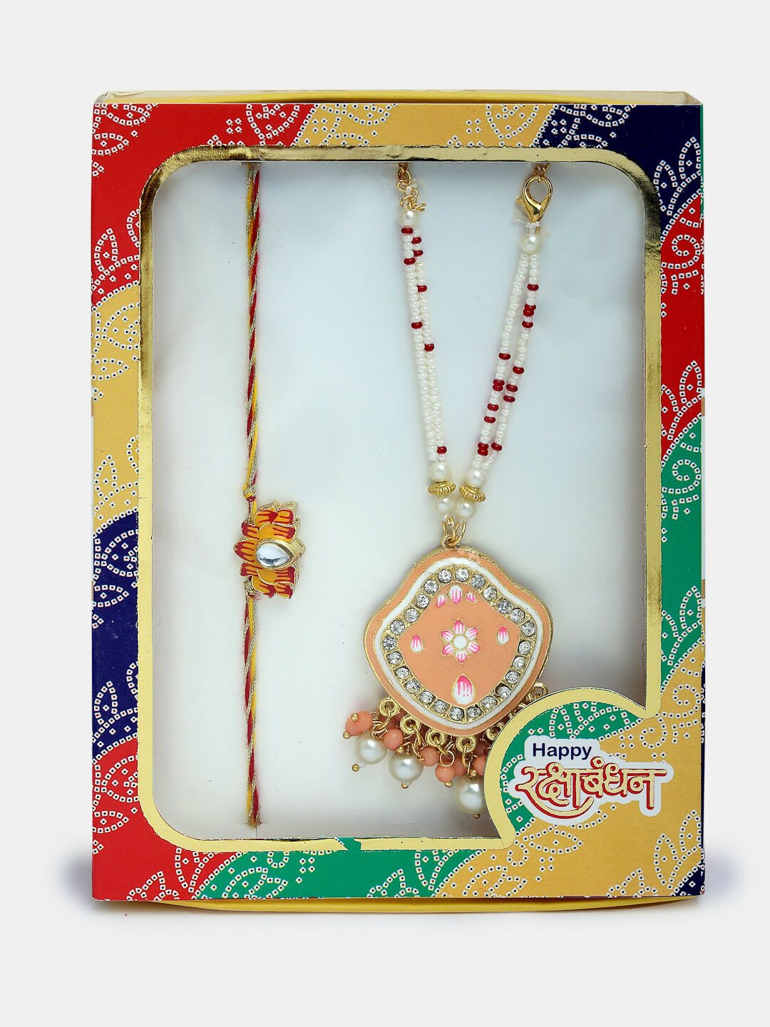 NVR Women & Men Set of 2 Peach Lotus Shape Kundan Stone-Studded & Beaded Bhaiya Bhabhi Rakhi With Roli Chawal & Chocolate