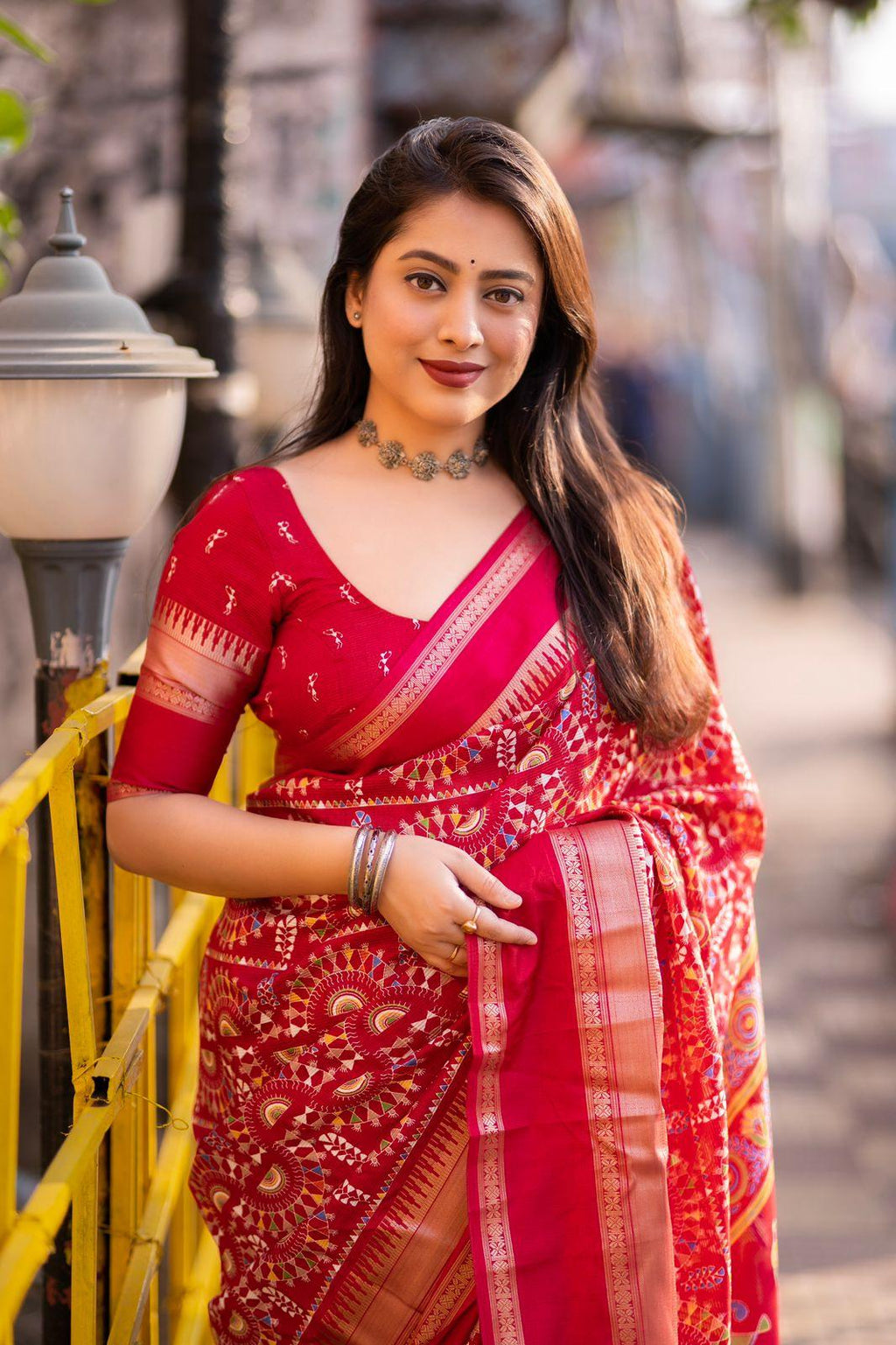 Red Cotton Crepe Zari Woven Saree with Unstitched Blouse - Hiral Fashion