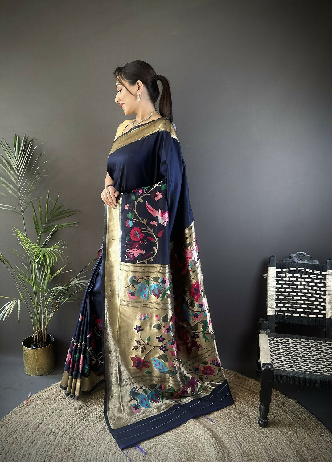 Joban Fashion Navy Blue Floral Paithani Sarees