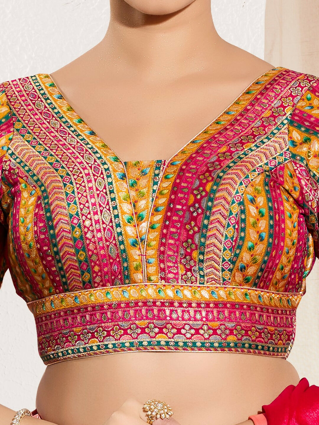 Joban Fashion Pink Multi Brocade Padded Blouse With V Neck Elbow Sleeves