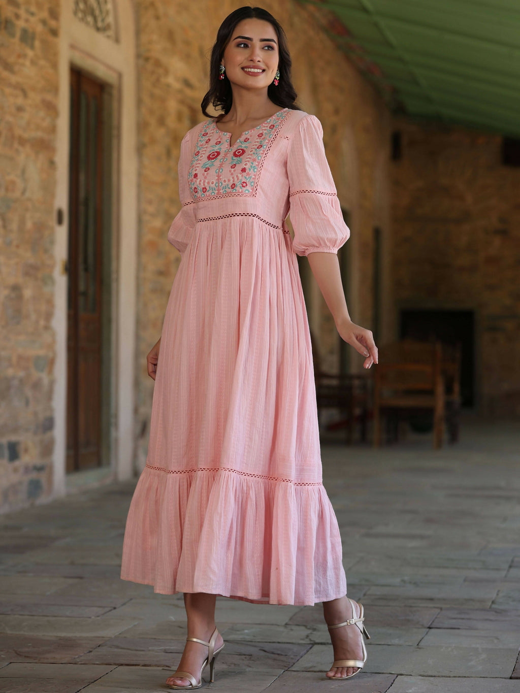 Juniper Women's Pink Cotton Dobby Embroidered Flared Dress