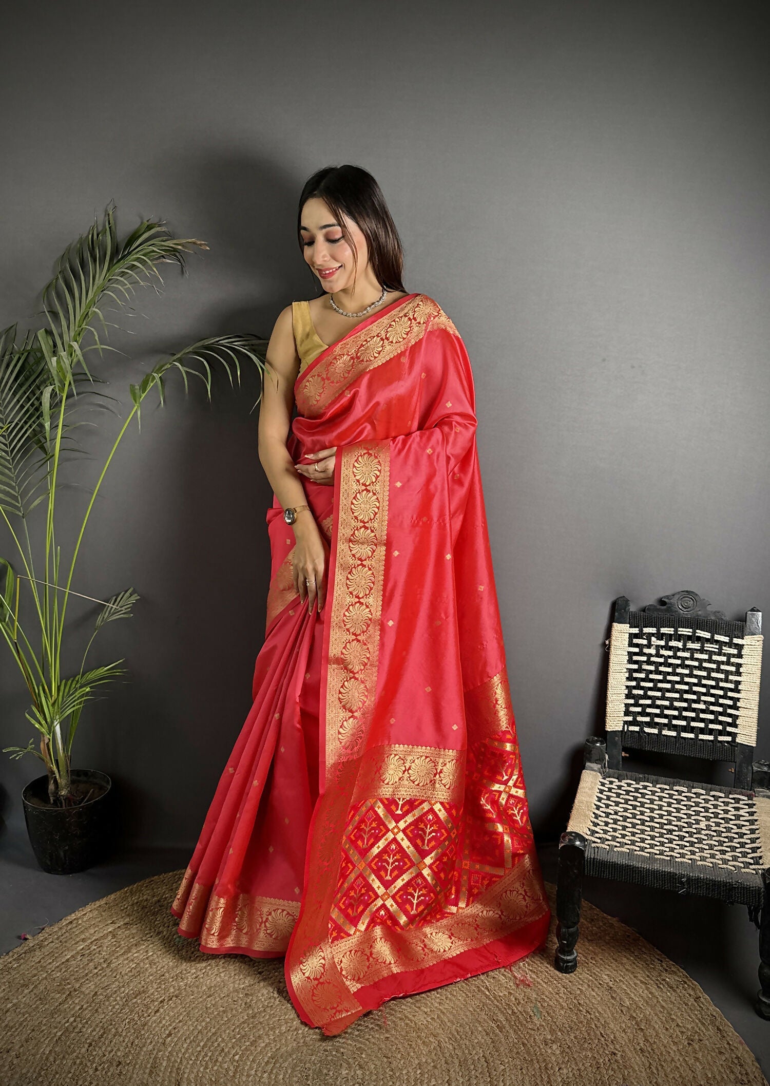 Joban Fashion Red Banarasi Cotton Silk Woven Saree