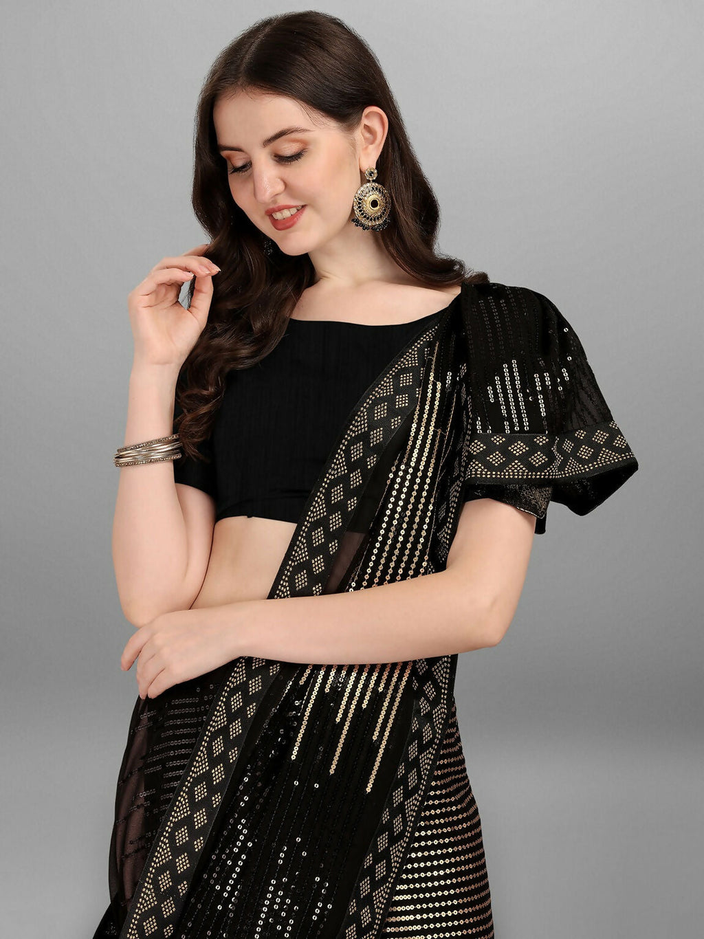 Vegaa Fashion Black Georgette Embroidered Party Wear Saree