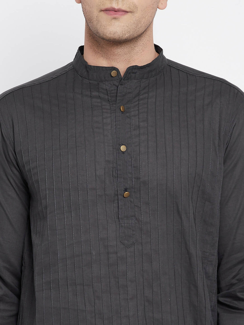 Even Apparels Grey Pure Cotton Men's Kurta With Band Collar