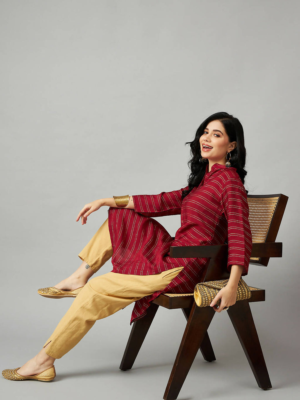 Red Poly Cotton Texture Straight Kurta - Sabella