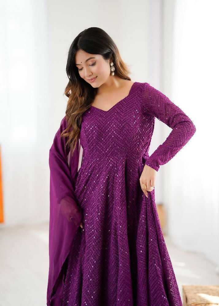 Joban Fashion Wine Kurta Set Georgette Sequence Embroidery Work