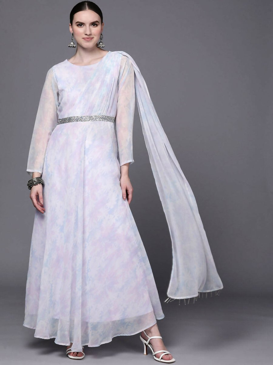 Ahalyaa Women Blue & White Floral Fit & Flare Maxi Ethnic Dress