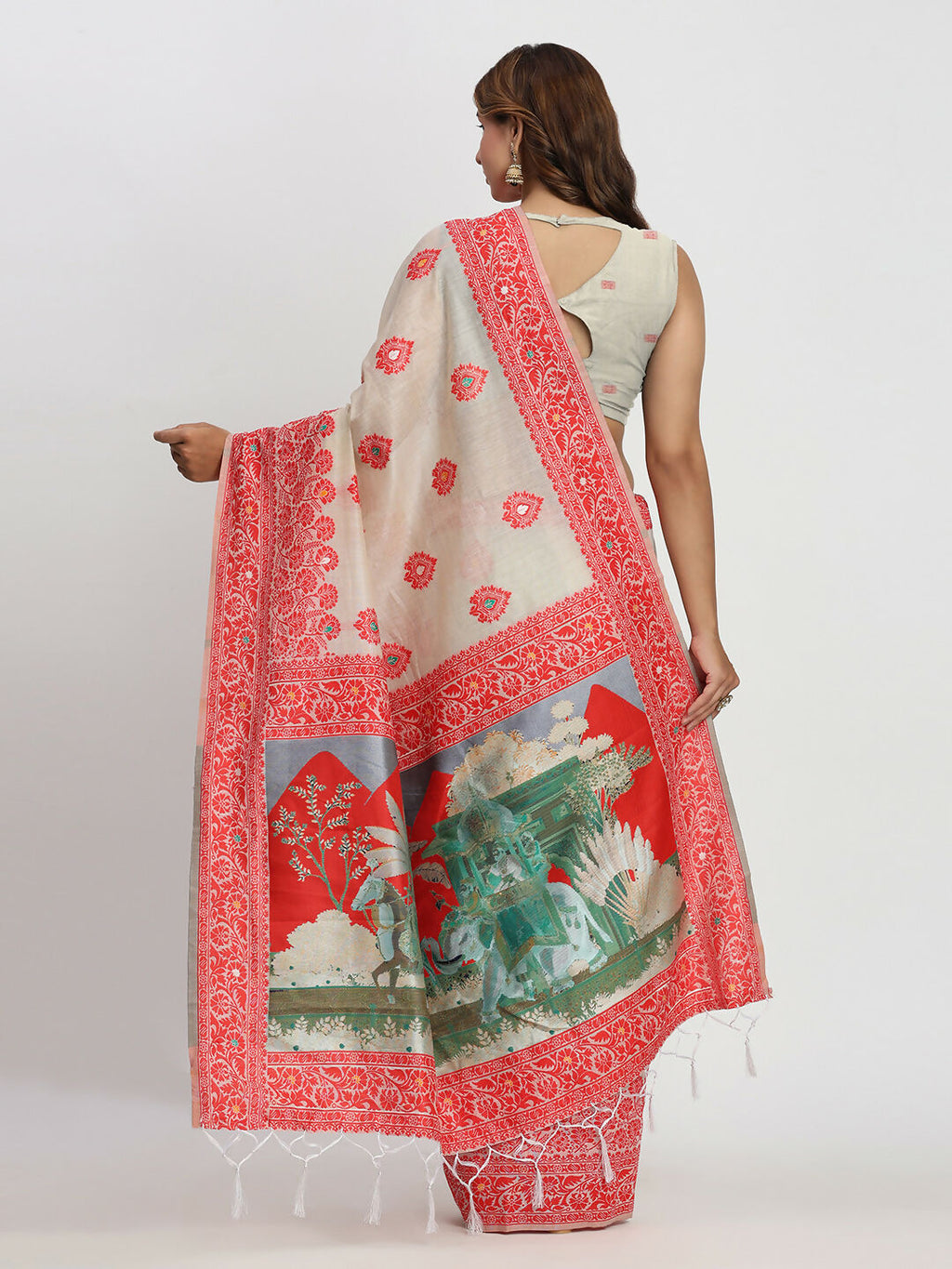 Shree Shyam Fashion Linen Cotton Cream & Red Saree