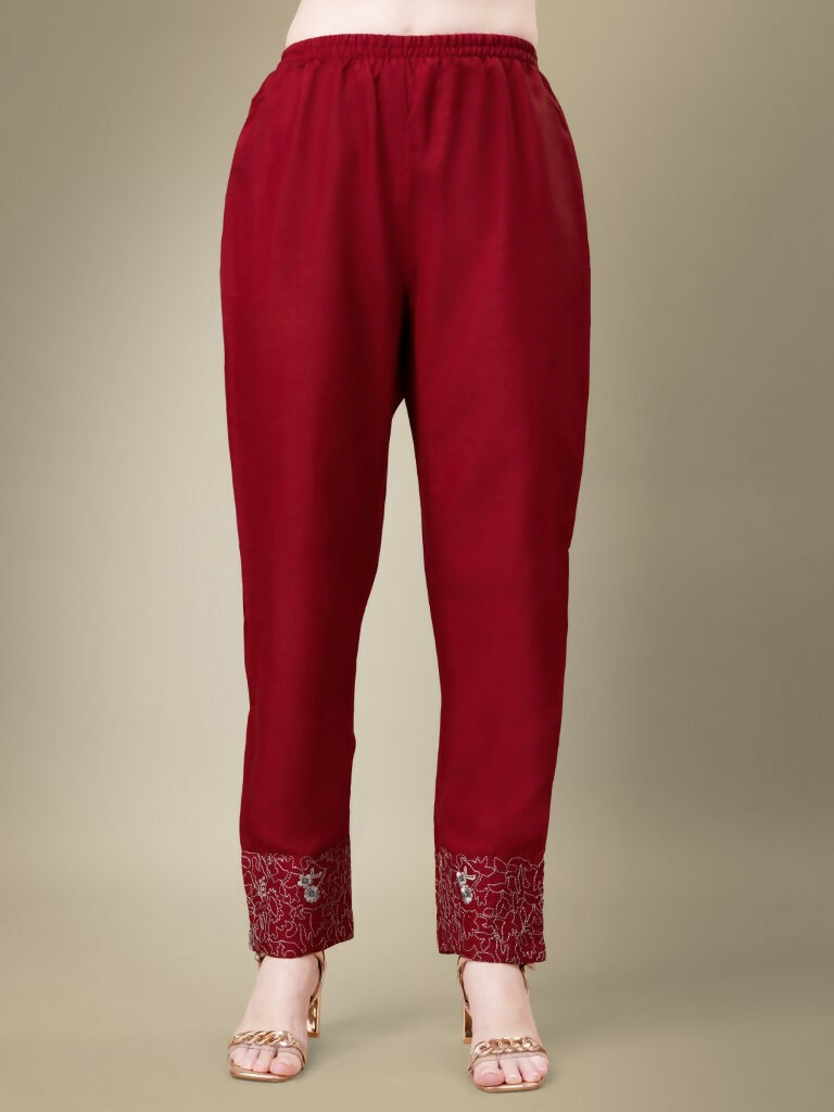 Jyoti Fashion Women's Maroon Cotton Blend Embroidery & Fancy Lace work Kurta with Trouser & Dupatta