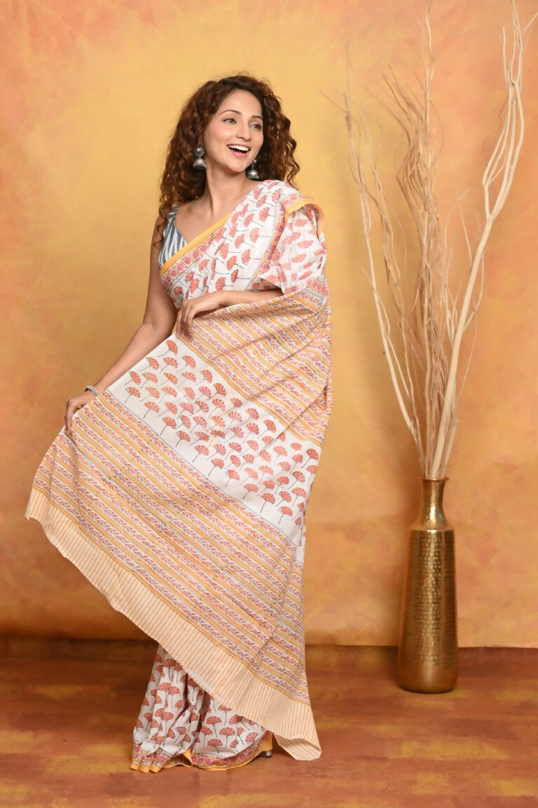 Very Much Indian Handblock Printed Cotton Saree With Natural Dyes - White Peach