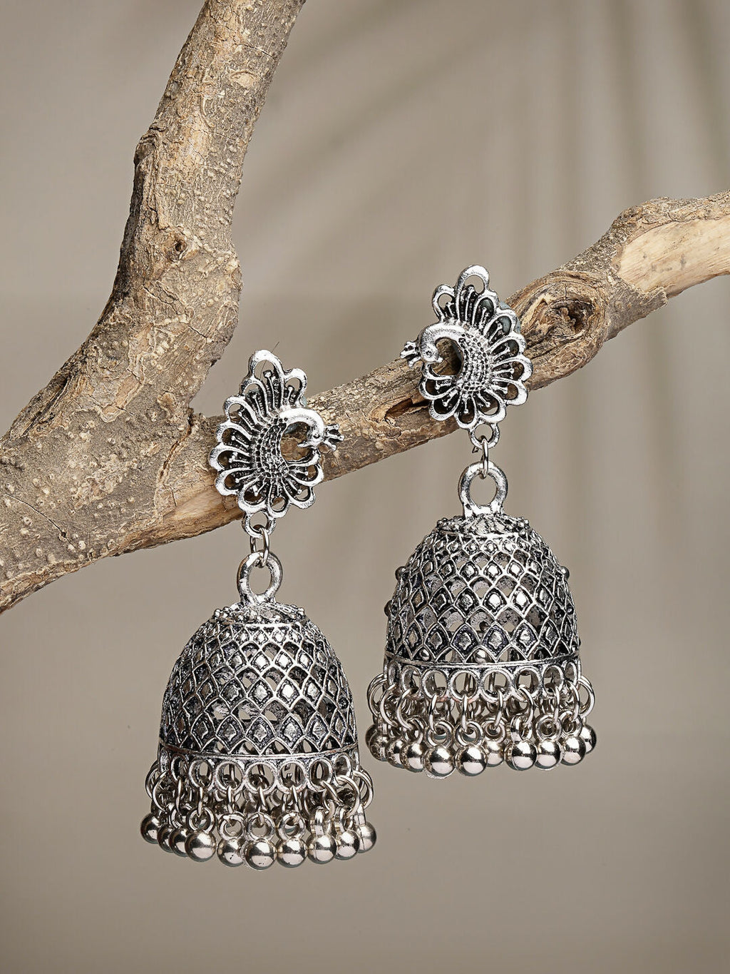 NVR Women's Silver-Toned Peacock Design German Silver Oxidised Dome Shaped Jhumka Earrings