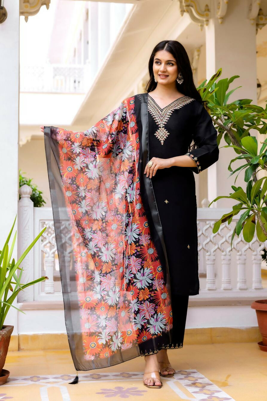The52 Black Women's Beautiful Viscose Chanderi Fabric Embroidered Work Straight Kurta Pant and Dupatta Set
