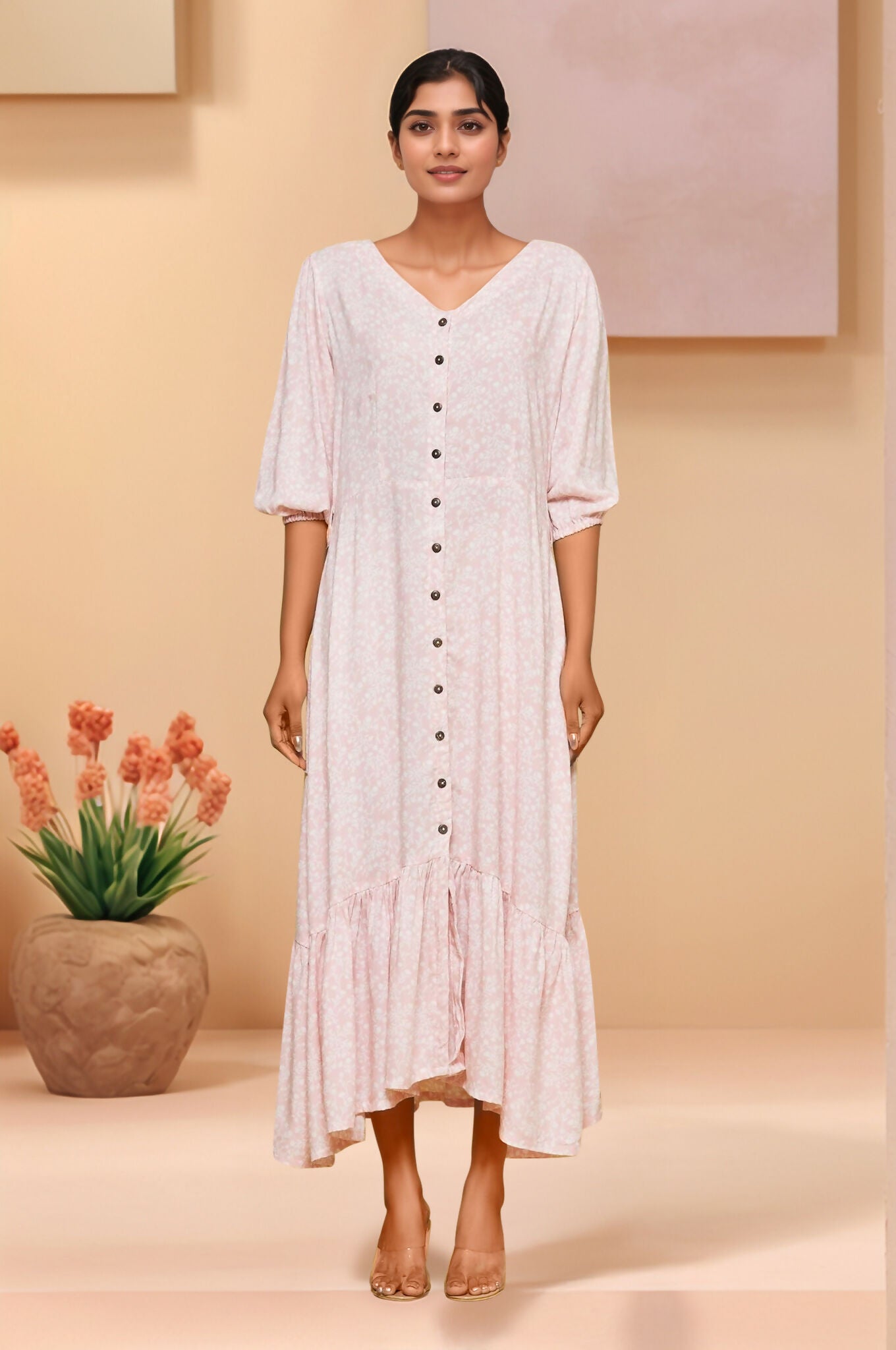 Joban Fashion Light Pink Flower Printed Riyon Maxi Dress