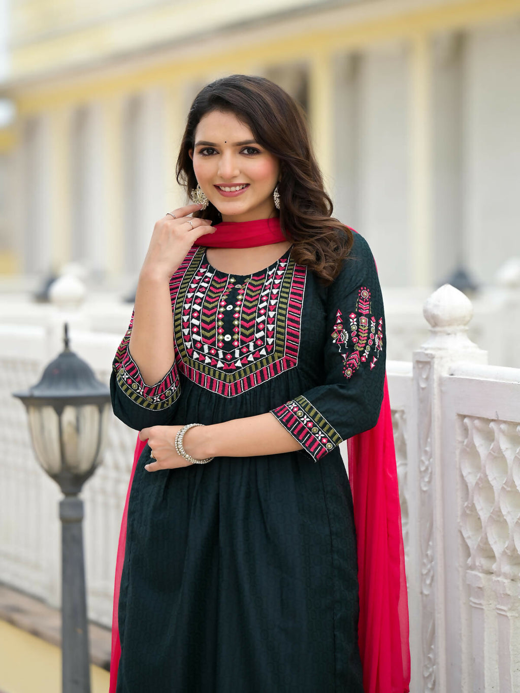 Juniper Women's Green Solid Nylon Kurta Pant With Dupatta Set With Thread & Mirror Work