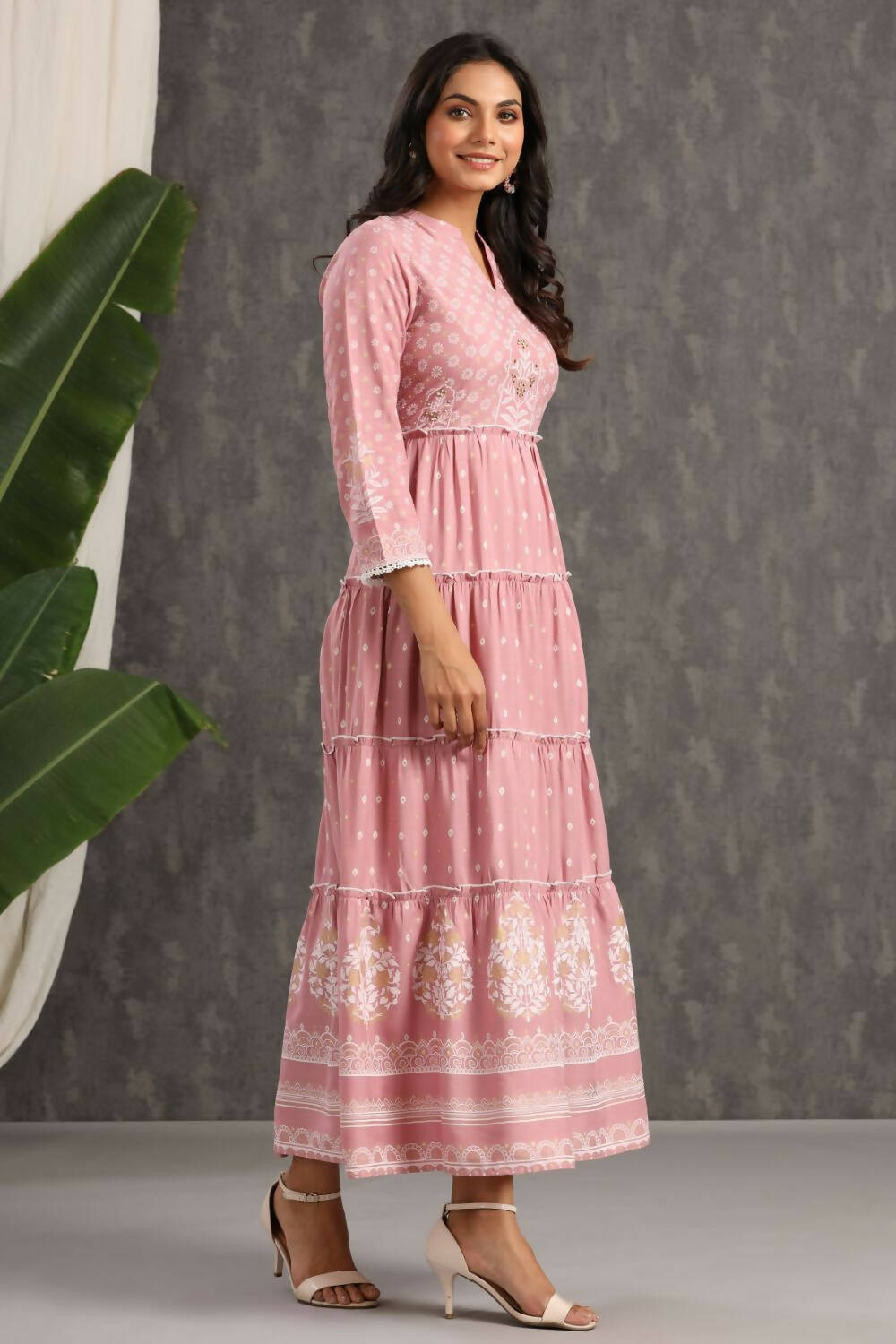 Juniper Womens Onion Pink Rayon Foil Printed Tiered Dress