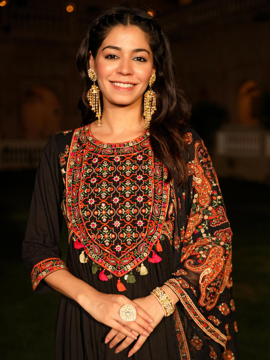 Juniper Women's Black Thread Embroidered Cotton Dress & Dupatta With Tassels & Mirror Work