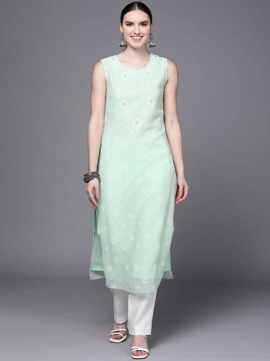 Ahalyaa Women Sea Green Floral Printed Georgette Kurta