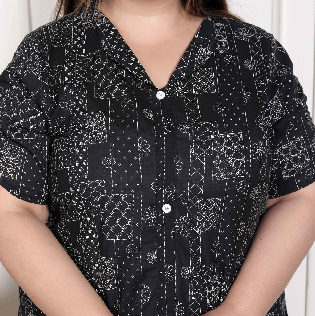 Miravan Women's Plus Size Pure Cotton Black Floral Printed Front Button A-Line Kurta