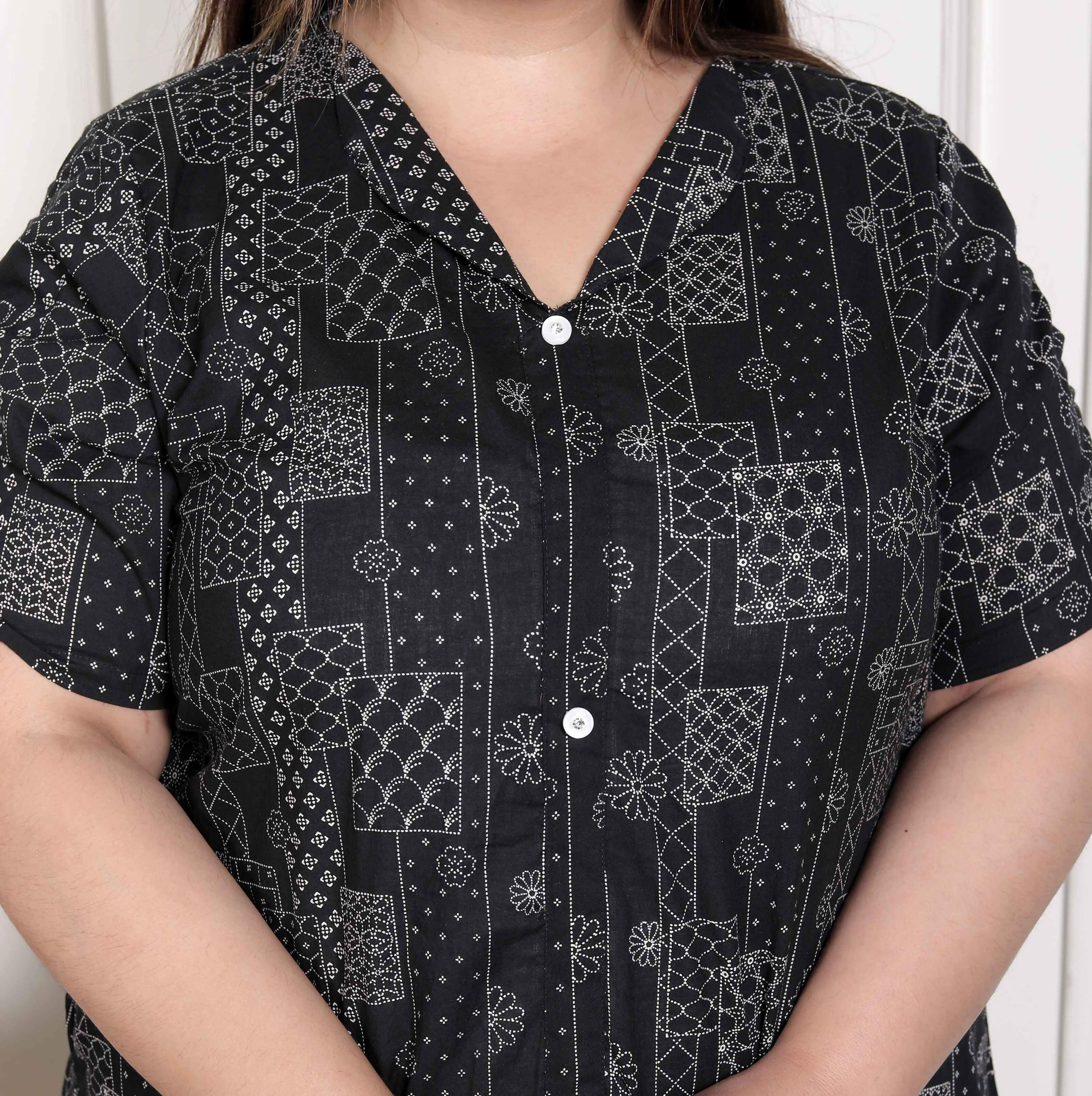 Miravan Women's Plus Size Pure Cotton Black Floral Printed Front Button A-Line Kurta