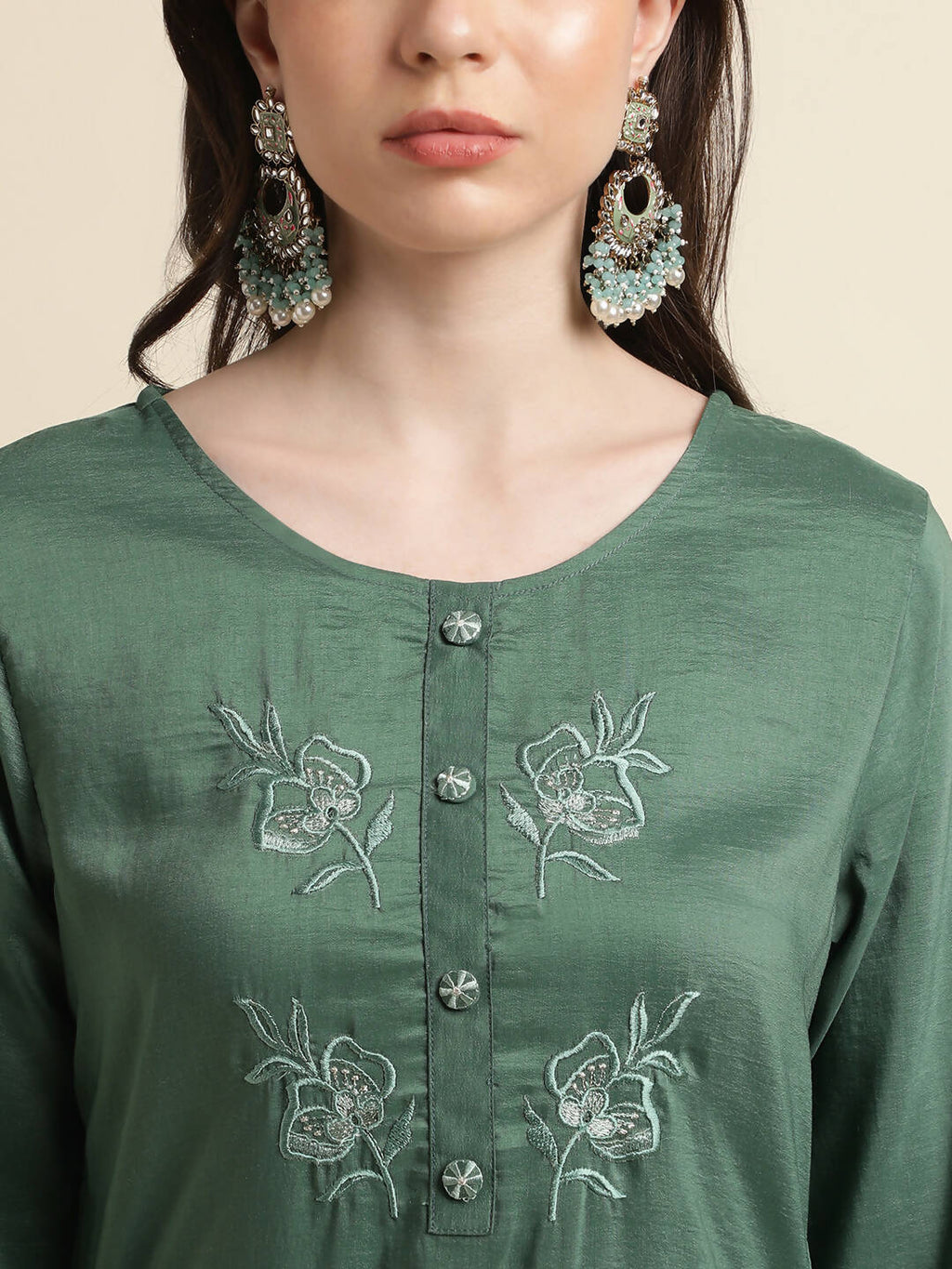 Green Chinon Silk Embroidered Straight Kurta with Trouser & Dupatta - Salimar
