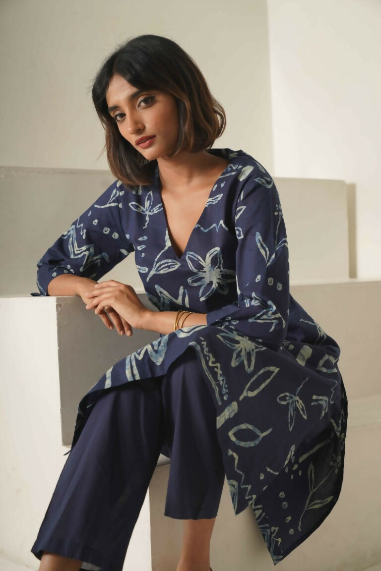 Miravan Women's Abstract Printed Cotton Blue Co-Ord Set