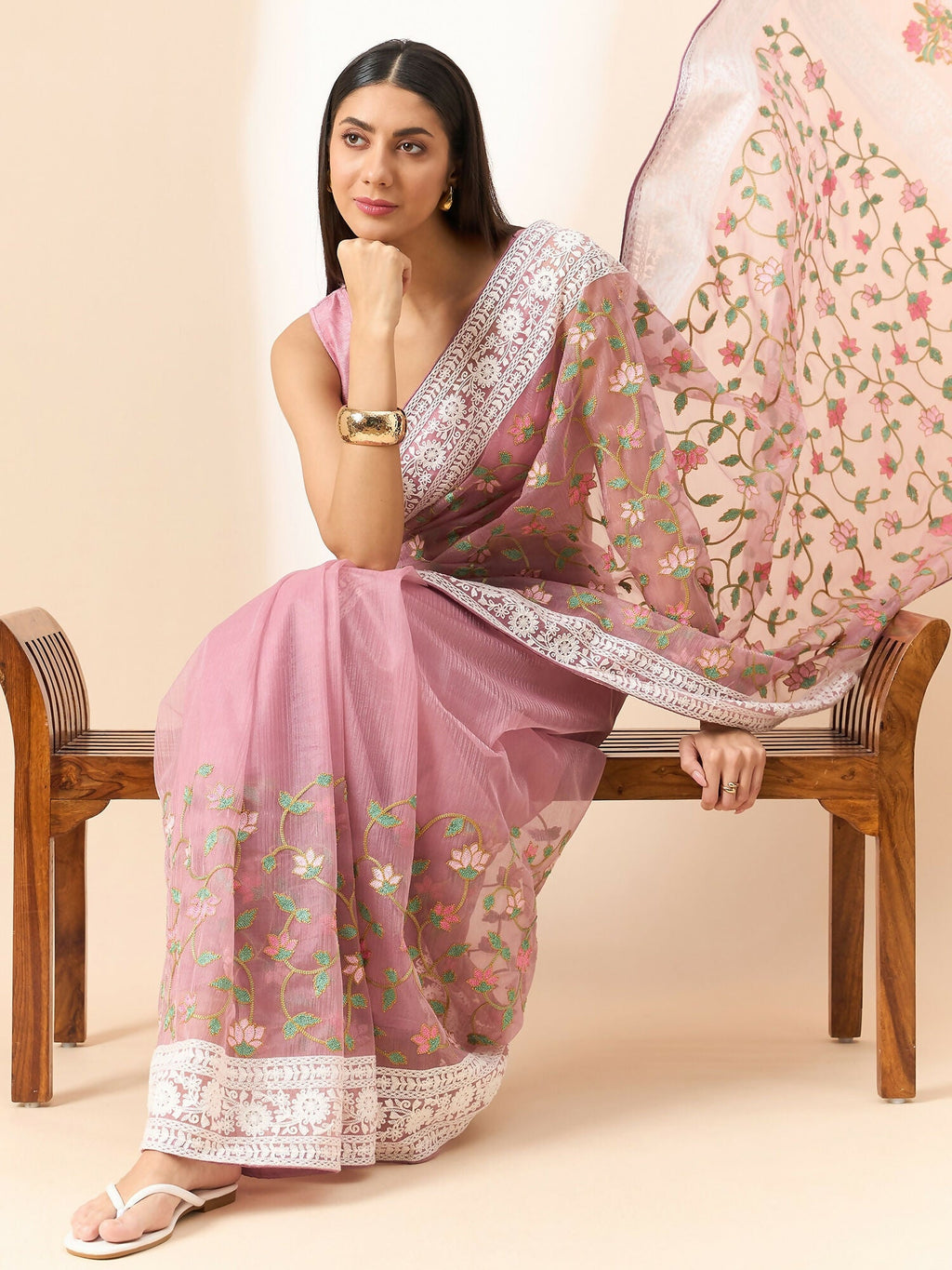 Pink Organza Floral Embroidered Saree with Unstitched Blouse Piece - Roozal